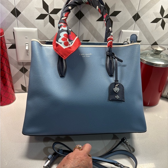 Kate Spade Blue Tote with Floral Scarf Accent  EUC
13”W X 10”H X5” - Picture 1 of 4